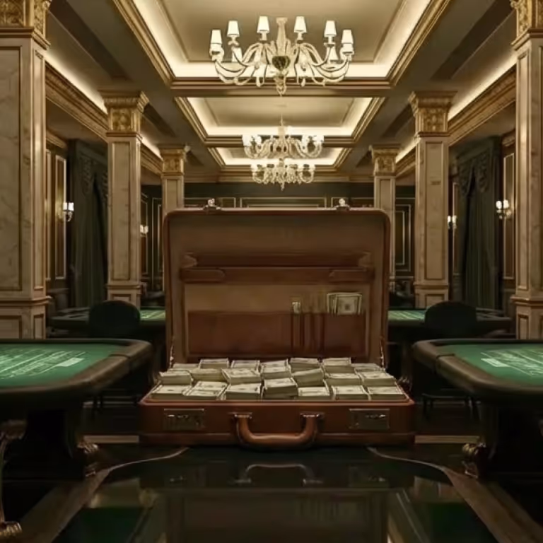 Rainbet Casino featuring a poker table stacked with chips and cards in a modern high-rise lounge overlooking the city skyline.